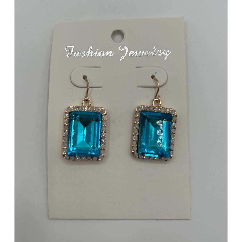 Fashion Jewelry Women Gold Tone Emerald Cut Blue Crystal Drop Earrings Halo